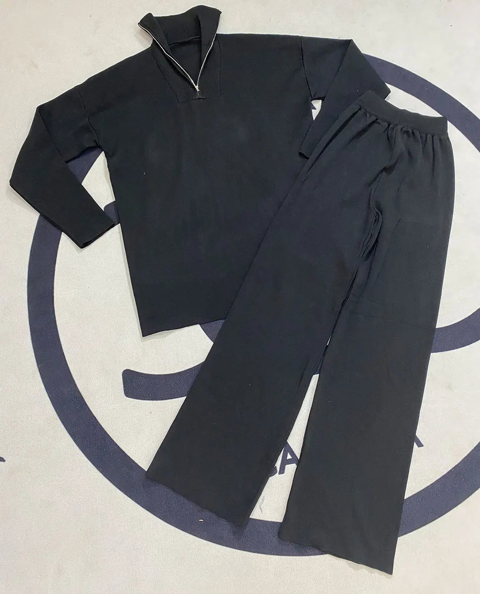 2024 Casual Autumn Loose Knit Sweater Set Fashion Zip Lapel Long Sleeve Pullover Sweater & Straight Pants Two-piece Set black