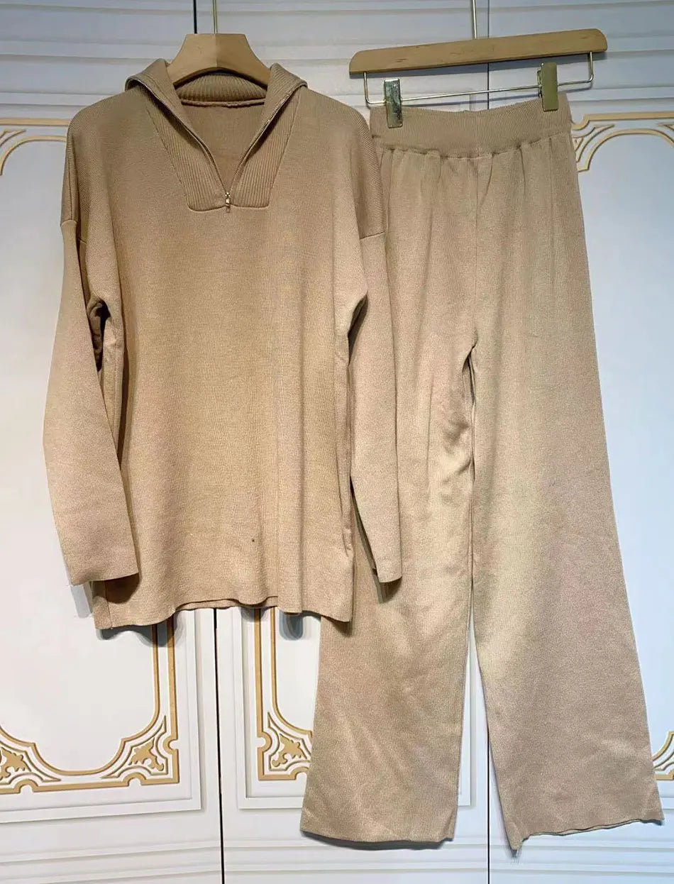 2024 Casual Autumn Loose Knit Sweater Set Fashion Zip Lapel Long Sleeve Pullover Sweater & Straight Pants Two-piece Set Khaki