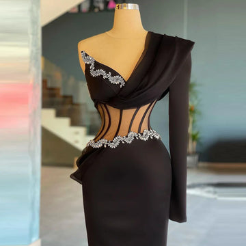 Elegant Black Evening Dresses One Shoulder Long Sleeves Crystals Beaded Plus Size Lace-up Back Women Pageant Gowns