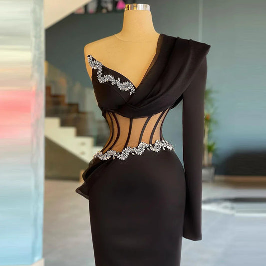 Elegant Black Evening Dresses One Shoulder Long Sleeves Crystals Beaded Plus Size Lace-up Back Women Pageant Gowns