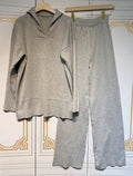 2024 Casual Autumn Loose Knit Sweater Set Fashion Zip Lapel Long Sleeve Pullover Sweater & Straight Pants Two-piece Set GRAY