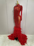 Sparkling Red Crystals Feathers Long Sleeve Mermaid Maxi Dress Women Wedding Celebrate Luxury Birthday Party Prom Gown