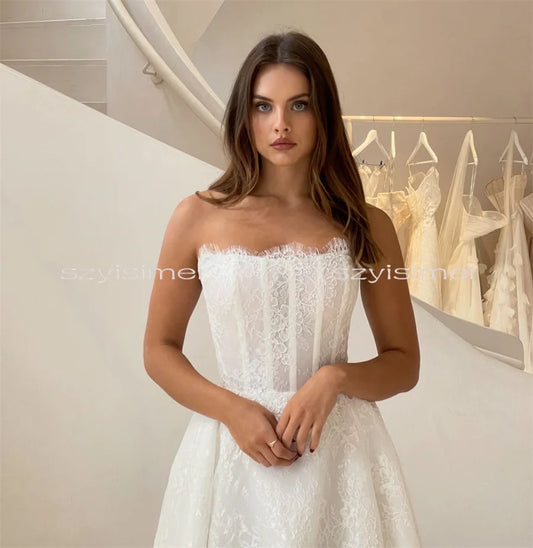 Simple Full Lace Wedding Dress Sleeveless Backless Bridal Gown Sweep Train Customized Evening Gown vestido de novia para boda