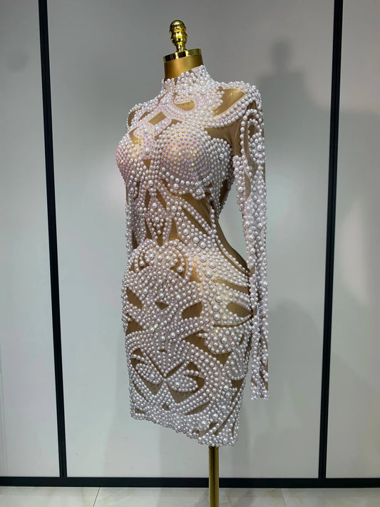 High Quality Women Sexy Rhinestone Pearl Mesh Transparent Dress Birthday Celebrate Dress Evening Party Dance Performance Costume