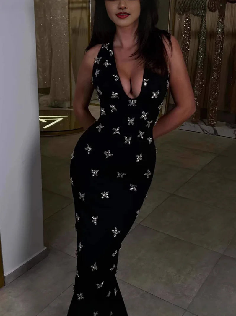 High Quality Women Sleeveless Sexy Halter Off the Shoulder Shinning Crystal Bodycon Long Bandage Dress Celebrate Evening Outfit