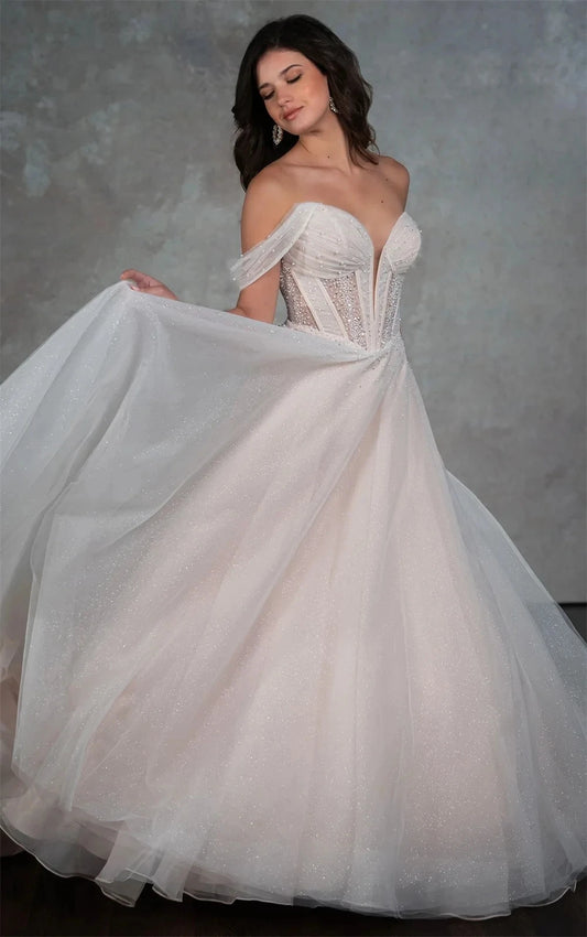 Elegant A-line Sequins Wedding Dress 2026 Off The Shoulder Beading Pleats Tulle Bride Bridal Gowns Vestidos De Noiva
