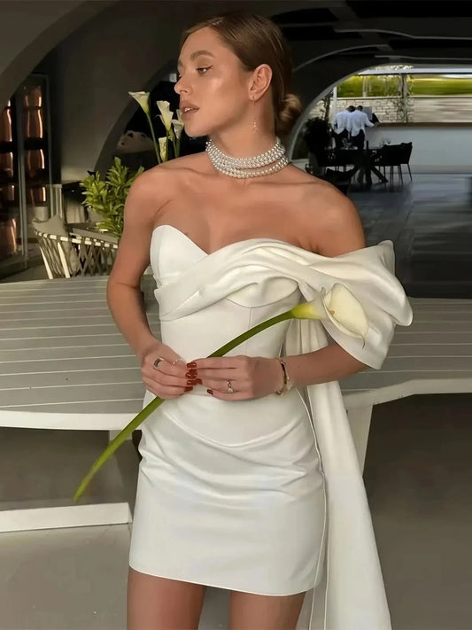 Elegant Satin Short Wedding Dress Modern One Shoulder Sheath Mini Strapless Bridal Party Gowns Bride Dress Vestidos De Noiva