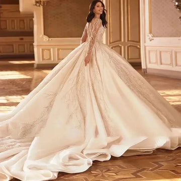 Luxury Puffy Wedding Dress Sheer Neck Lace Sequins Long Sleeves Satin Bridal Dresses Church Bride Gown vestidos de novia