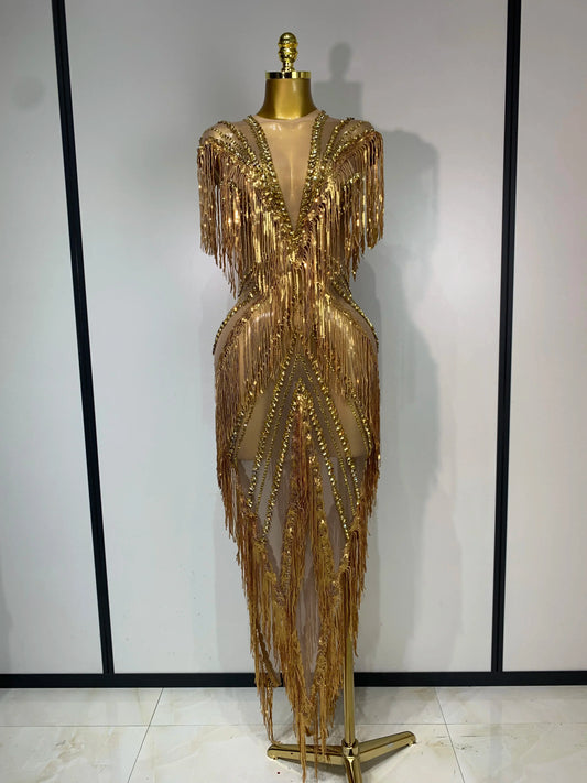 Luxury Sparkly Diamonds Tassels Sexy Mesh See Through Dress Women Evening Birthday Party Nightclub Bar Singer Stage Costumes Gold
