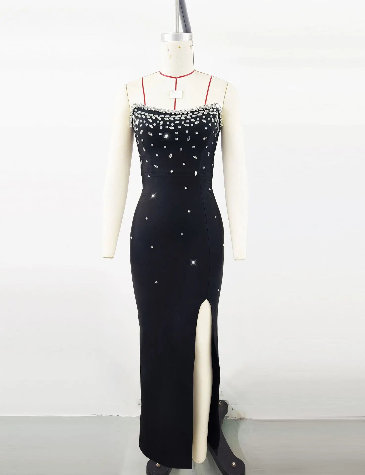 Black Color Women Sexy Shinning Crystal Bodycon Long Bandage Dress Elegant Evening Party Celebrate Birthday Photo Shoot Wear