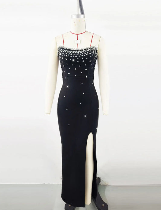 Black Color Women Sexy Shinning Crystal Bodycon Long Bandage Dress Elegant Evening Party Celebrate Birthday Photo Shoot Wear