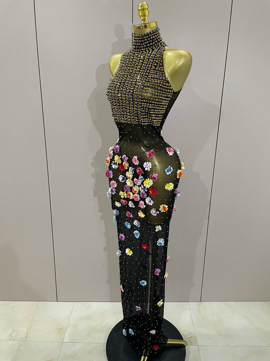 Sparkly Rhinestones Flowers Sexy See Through Long Dress Women Birthday Celebrate Wedding Evening Prom Dress Photo Shoot Wear