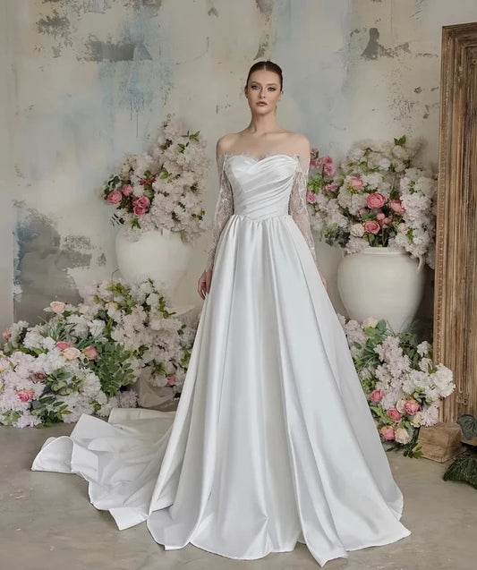 Elegant A-line Wedding Dress 2026 Sheer Neck Lace Long Sleeves Satin Bridal Dresses Church Bride Gown vestidos de novia