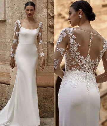 Elegant Mermaid Wedding Dress Square Collar Long Sleeve Lace Appliques Illuison Buttons Bride Bridal Gowns vestido de novia