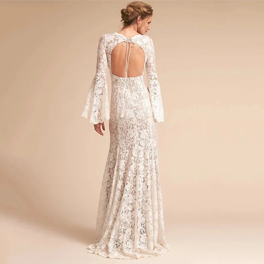 Classic Mermaid Wedding Dress 2026 V-neck Open Back Flare Sleeves Lace Princess Bridal Gowns Boho Garden Vestidos De Noiva