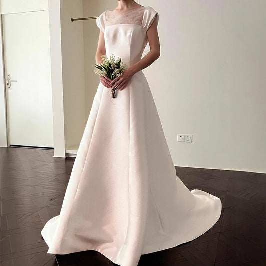 Elegant Classic A-line Wedding Dress Scoop Lace Appliques Satin Princess Bridal Gowns Bride Dresses Vestidos De Noiva