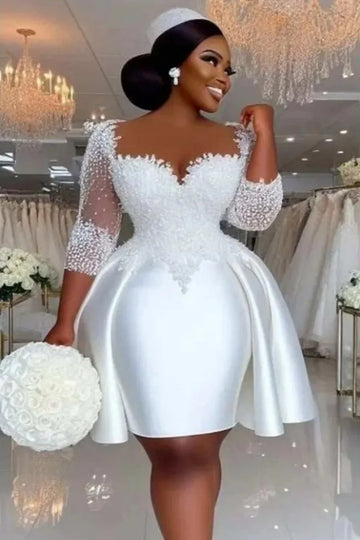 New Short Wedding Dress 2026 Sheer Neck Half Sleeves Lace Appliques Pearls Satin Bridal Bride Gown vestidos de novia