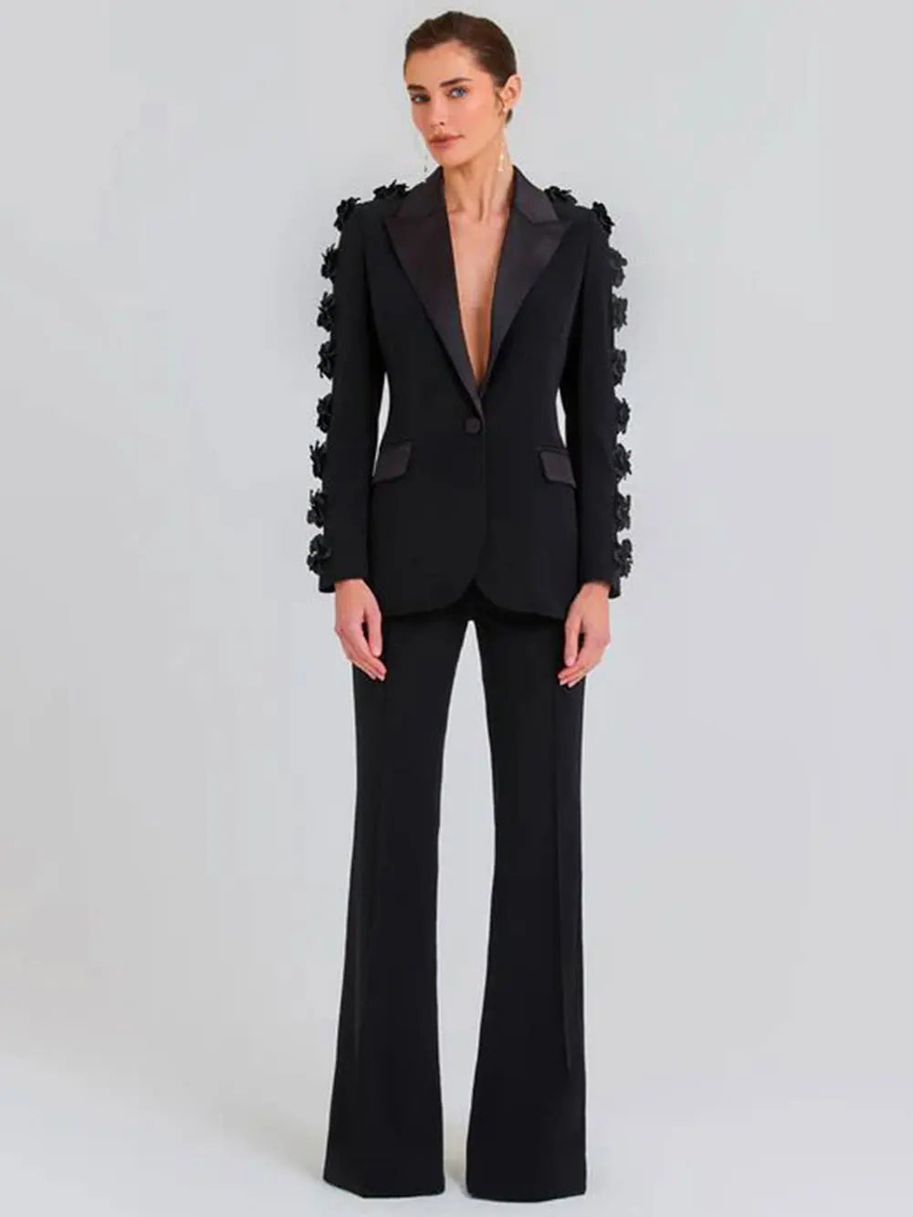 2024 Women Suit Pants Set with Collar, Long Sleeve, Three Dimensional Flower Decoration, Slim Fit Suit Coat+Two Piece Pants Set