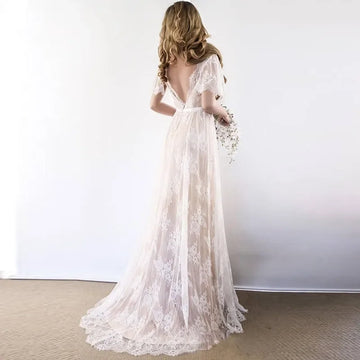 New Boho Wedding Dress 2026 V Neck Cap Sleeve Lace Beach Bridal Gown Backless Bride Dresses robe de mariage