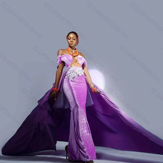 Purple Velvet Evening Dresses With Detachable Train African Appliques Off Shoulder Formal Party Gown فساتين للحفلات الراقصة