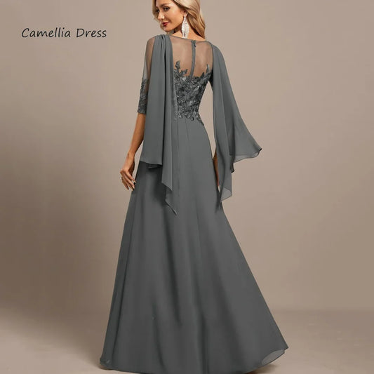 Customized Elegant Chiffon Vintage Dress Formal Occasion Half Sleeves Lace A Line Wedding Party Gowns Mother Dresses For Bride