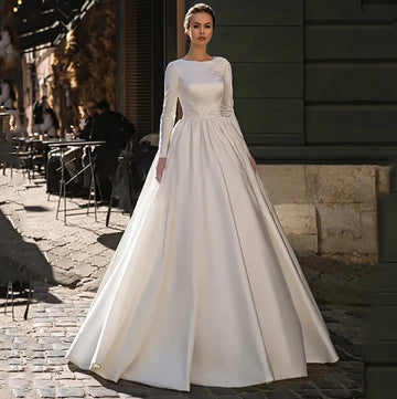 Elegant A-line Wedding Dress Scoop Long Sleeves Lace Sequin Applique Sweep Train Bridal Bride Gown Women vestidos de novia