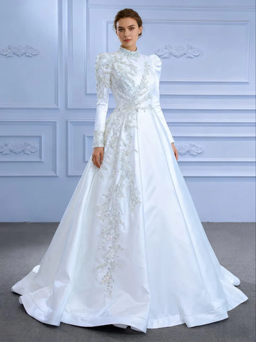 Elegant Arabic Dubai Wedding Dresses High Neck Embroidery Sequins Satin A-line Bridal Bride Grown Vestido De Noiva