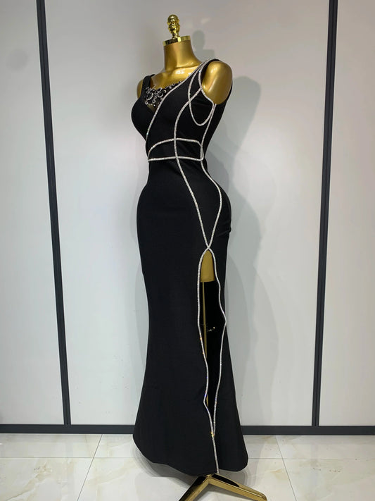 New Women Sexy Beading Black Maxi Long Bandage Dress Luxury Birthday Dresses Evening Club Party Knitted Bodycon Clothing