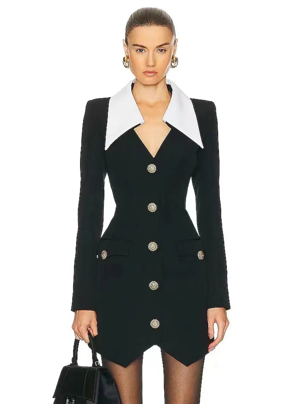 2024 Autumn Women Elegant Bandage Dress with Large Collar Long Sleeve Button Design Bodycon Asymmetric Mini Dress Party Vestidos black