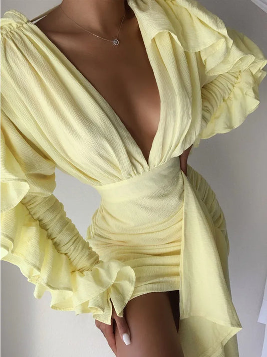 2022 New Yellow Green Women Butterfly Sleeve Sexy Deep V-Neck Bodycon Mini Dress Fashion Nightclub Party Dress