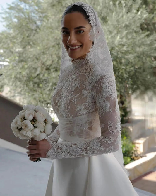 Modern Classic Mermaid Wedding Dresses 2026 High Neck Long Sleeves Beads Sequins Satin Lace Bride Dress Bridal Gowns Vestidos