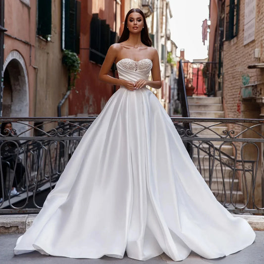 New Modern Wedding Dress Pearls Sequins Sweetheart A-line Satin Bridal Dresses Church Bride Gown vestidos de novia