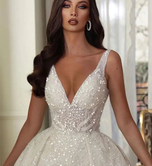Shinny Ball Gown Wedding Dress 2026 V Neck Sequins Straps Appliques Lace Slit Pearls Bridal Bride Gown Women vestidos de novia