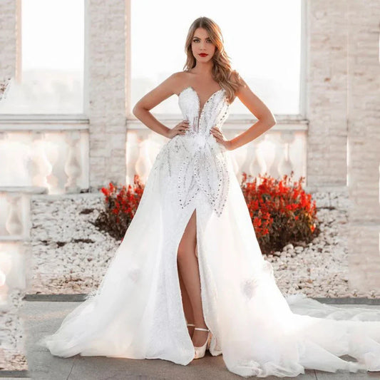 Charming Gorgeous Prom Dresses Strapless Sleeveless Sequins Appliques Split Long Formal Dress Women Evening Gowns Custom Made WHITE