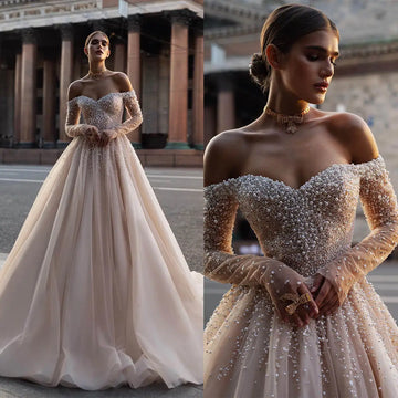 Luxury Champagen Wedding Dress Off the Shoulder Long Sleeves Pearls Beads Sweep Train Bridal Bride Gown Women vestidos de novia