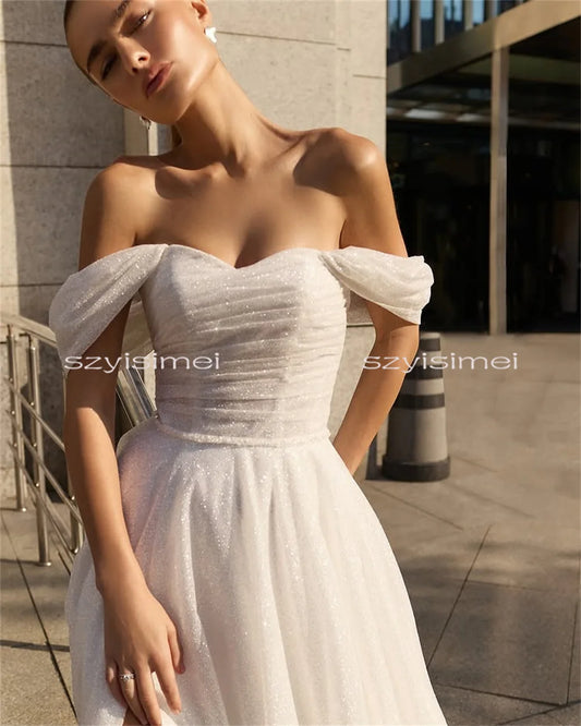 Off Shoulder Wedding Dress Glitter A-line Evening Dresses Customized Front Split Bride Gown For Wedding vestidos de novia
