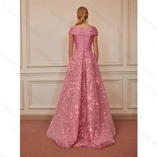 Elegant Pink Long Evening Dresses Women Off the Shoulder Appliqued Organza Formal Occasion Dress فساتين السهرة