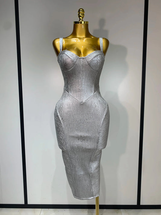 Women Sleeveless Sexy Silver V Neck Bodycon Midi Bandage Dress Celebrate Nightclub Party Birthday Dress Wedding Guest Dress Silver