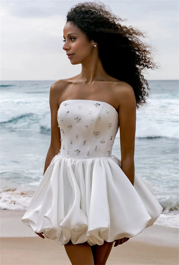 New Arrival Short Beach Wedding Dress Strapless Crystal Lace Up Satin Mini Bridal Party Gowns Vestidos De Noiva