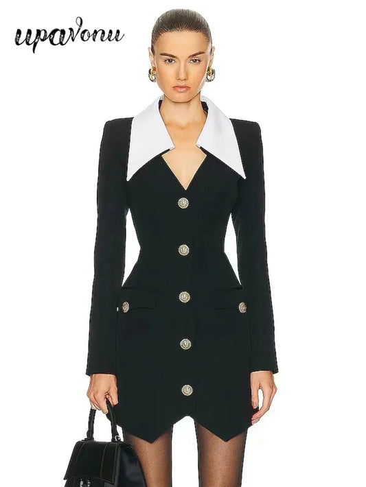 2024 Autumn Women Elegant Bandage Dress with Large Collar Long Sleeve Button Design Bodycon Asymmetric Mini Dress Party Vestidos