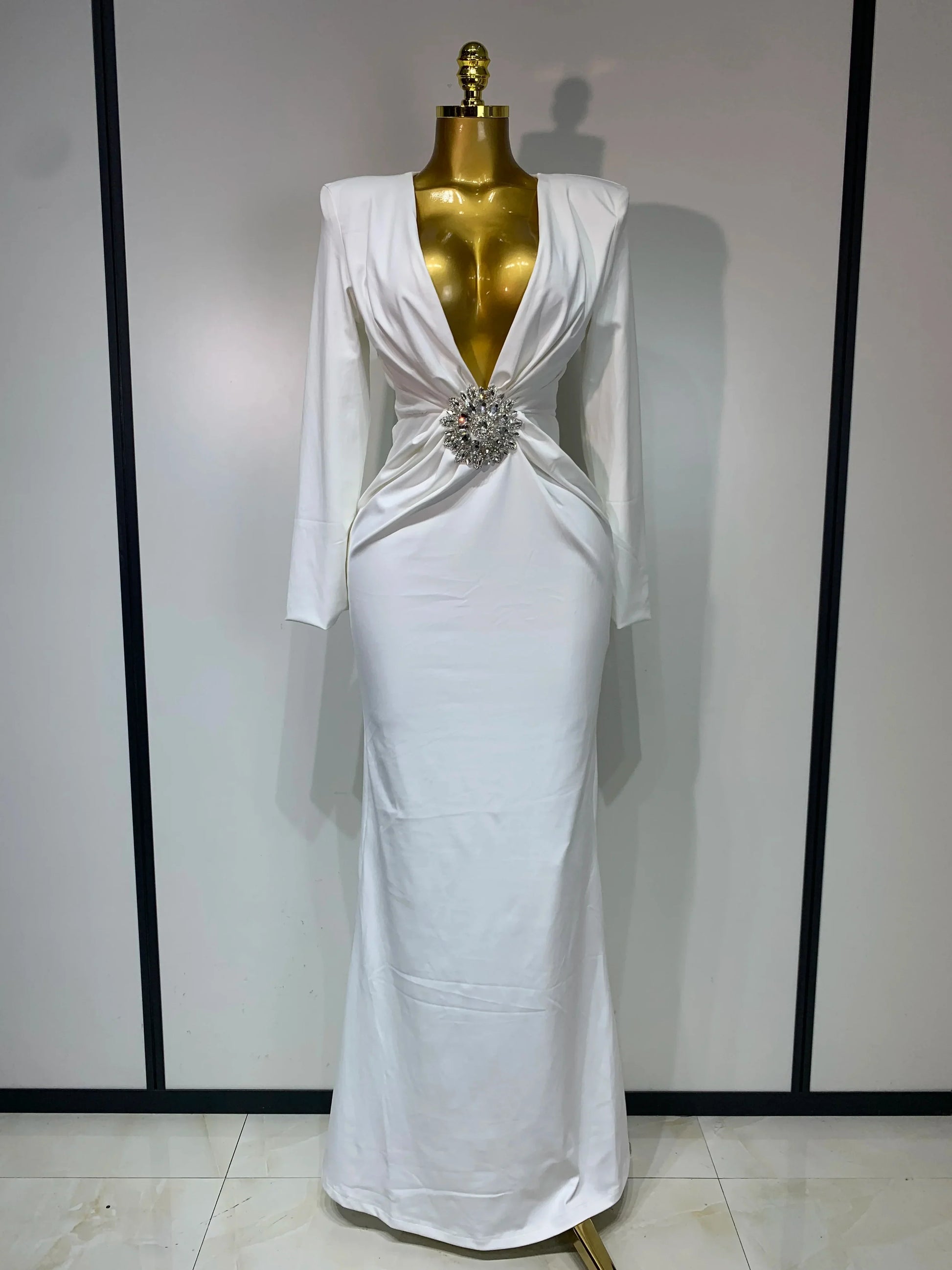 Women Sexy Deep V Neck Long Sleeves Maxi Dresses Celebrity Elegant Evening Party Luxury Birthday Wedding Guest Cocktail Gowns WHITE