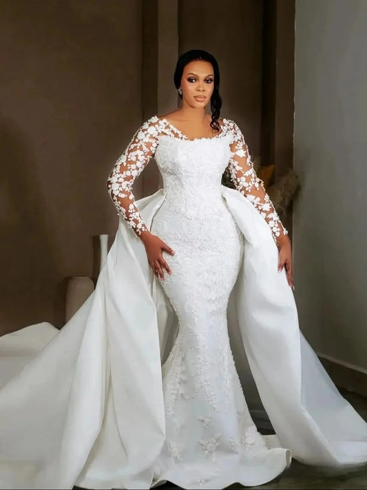 New Modern Wedding Dress Removable Skirt Appliques Beads Mermaid Bridal Dresses Church Bride Gown African vestidos de novia