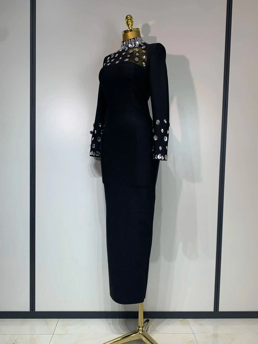 Luxury Birthday Dresses Sparkly Diamond Long Sleeve Black Bodycon Bandage Dress Women Wedding Evening Club Party Prom Gowns