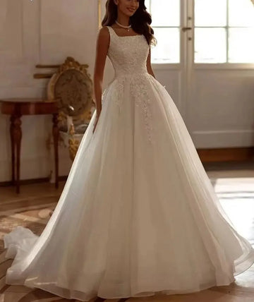 Romantic A-Line Wedding Dresses 2026 Square Collar Sleeveless Lace Appliques Brides Dress Bridal Gown Women vestidos de novia