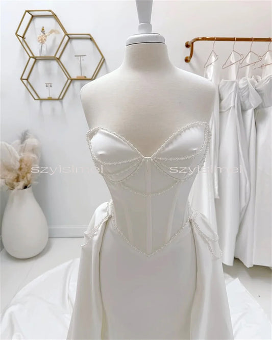 Sweetheart Wedding Dresses With Detachable Train Sleeveless Customized  Made Satin Evening Gown Vestido De Noival robe de mariée