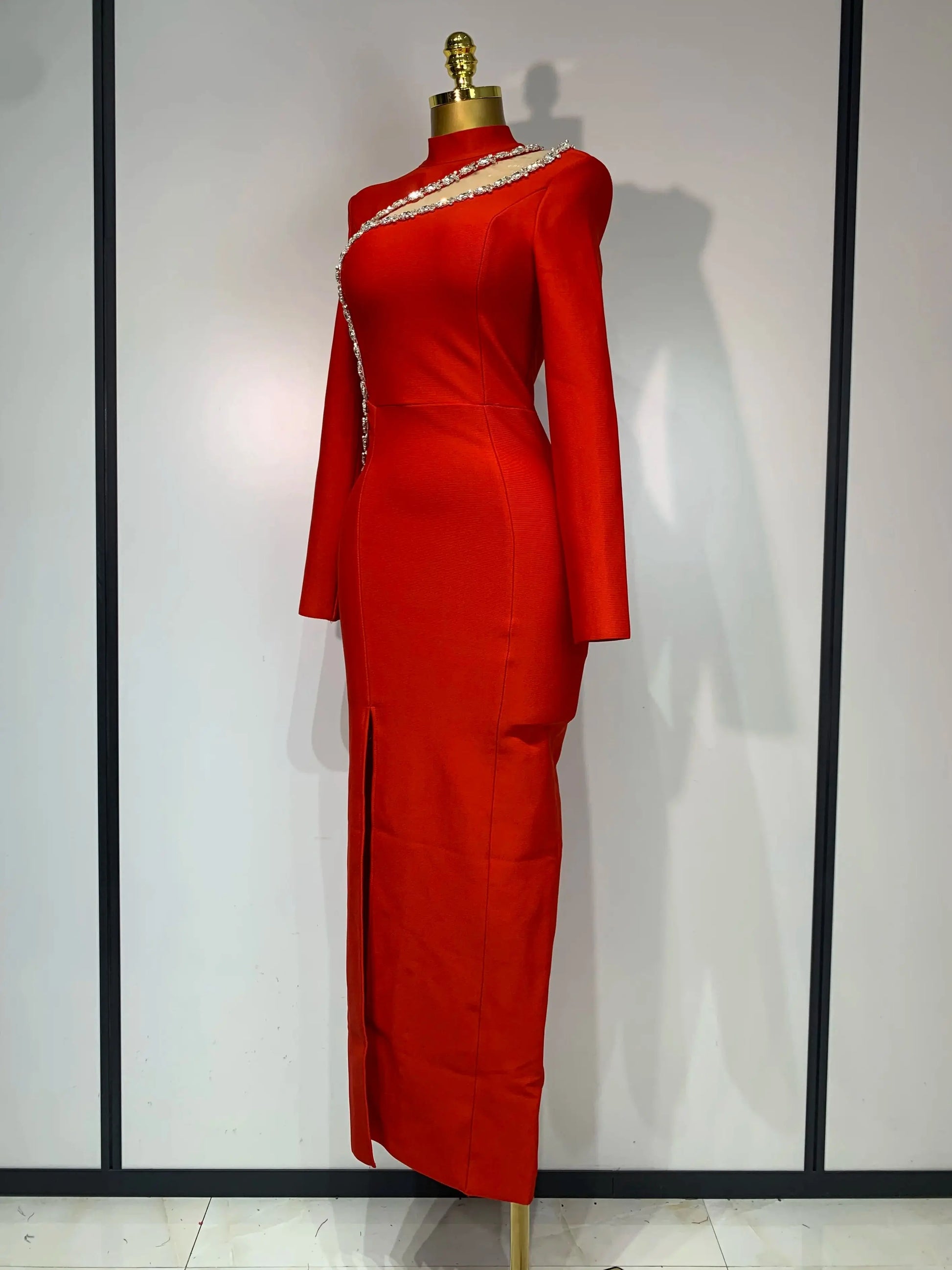 Sparkly Rhinestone Long Sleeve Red Bodycon Bandage Dress Women Wedding Evening Club Party Prom Gowns Luxury Birthday Dresses