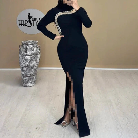 Black Color Top Quality Women Long Sleeve Shinning Crystal Bodycon Bandage Long Dress Fashion Evening Party Celebrate Dress