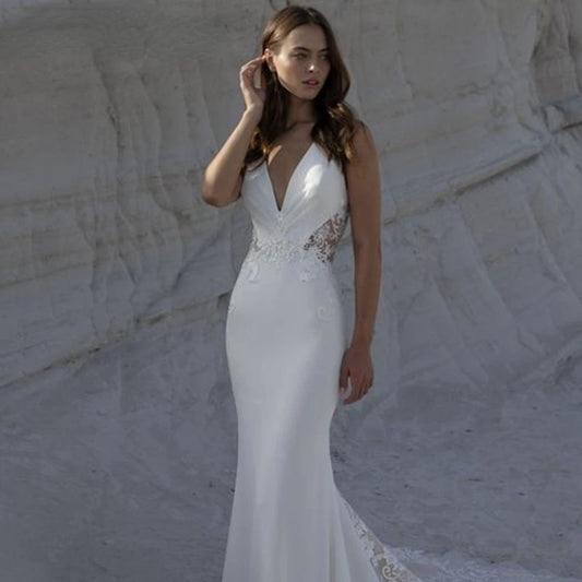Sexy Mermaid Wedding Dresses V-neck Lace Appliques Illusion Buttons Back Satin Formal Bridal Gowns  Vestidos De Novias