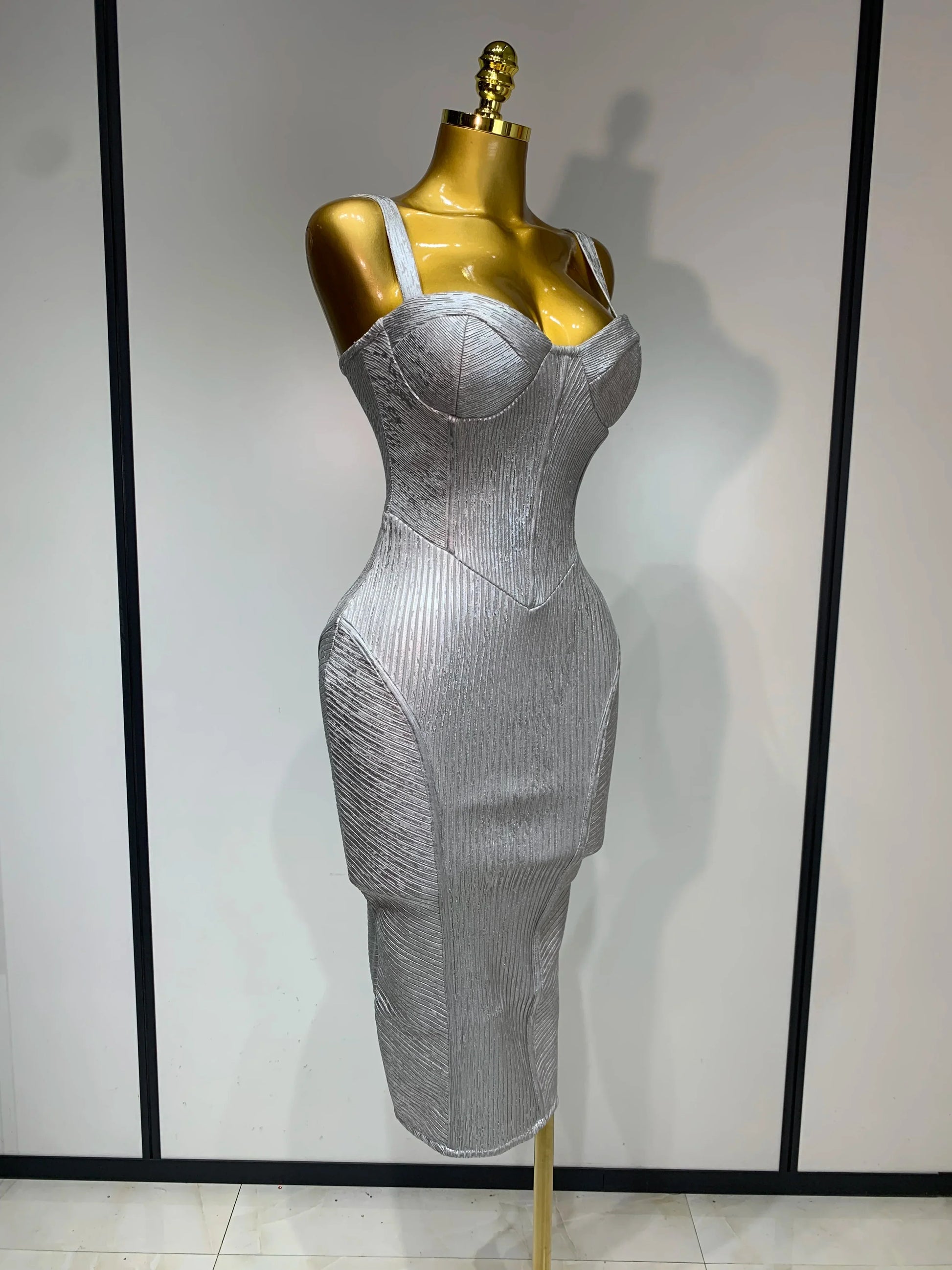 Women Sleeveless Sexy Silver V Neck Bodycon Midi Bandage Dress Celebrate Nightclub Party Birthday Dress Wedding Guest Dress