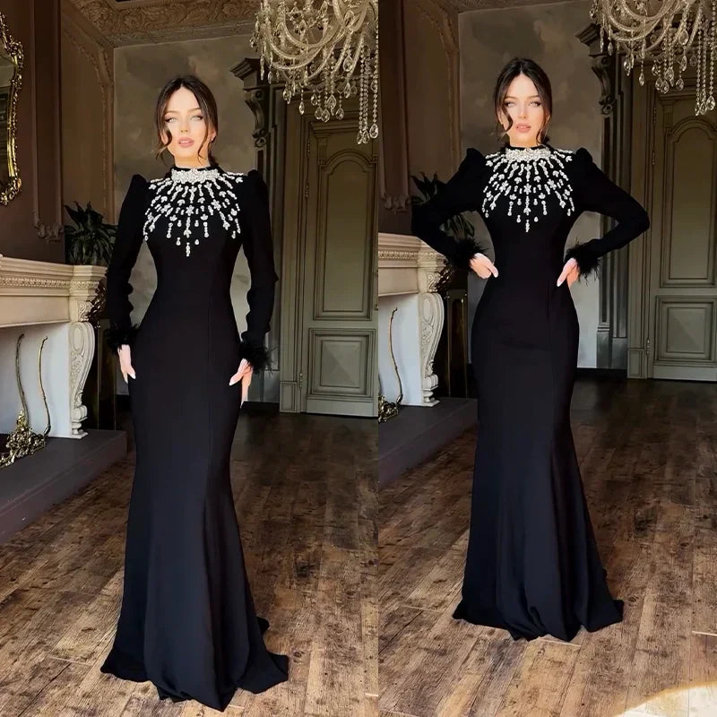 Black Red Color Women Long Sleeve Shinning Crystals Long Maxi Dress Celebrate Elegant Evening Party Outfit Vestido